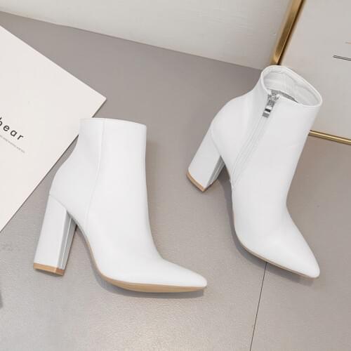 European and American foreign trade high-heeled shoes fashion pointed versatile thick heel short boots womens Boots White