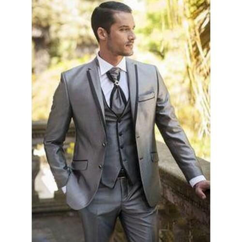 Handsom Shiny Grey Men Prom Dress Business Suits Groom Wedding Coat Waistcoat Trousers Sets (Jacket+Pants+Vest+Tie) K:1291