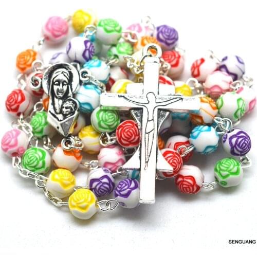 Catholic rose petal rosary, religious colorful rose flower beads necklace with big cross