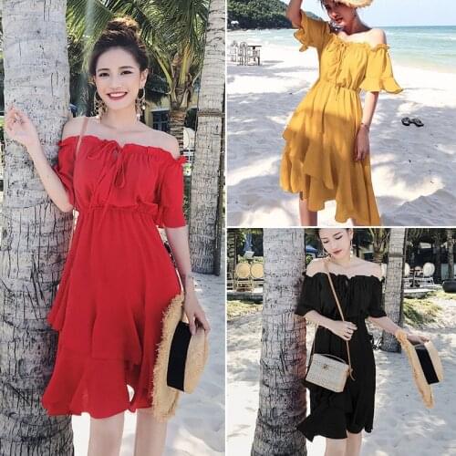 3 Colors Womens Summer One Shoulder Dress Female French Retro Chiffon Fairy Beach Skirt Seaside Loose Skirt For Pregnant Woman