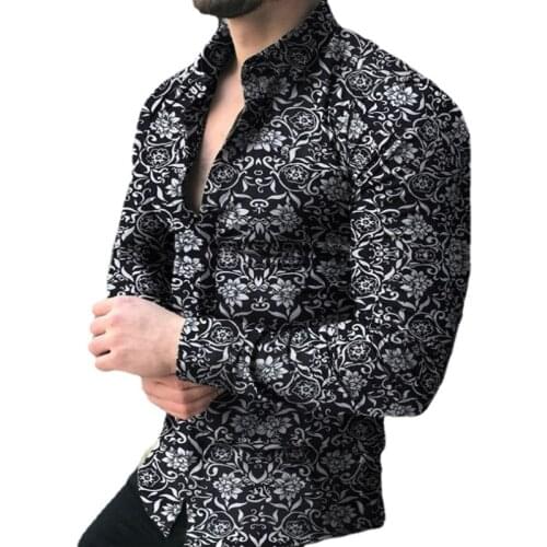2021 Male Floral Shirt Gym Muscle Mens Lapel Cardigan Flower Button-up Shirt Men Fashion Clothing Trend Black Large Size Shirt
