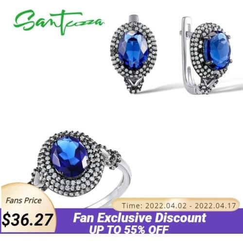 SANTUZZA 925 Sterling Silver Jewelry Set For Women Shiny Oval Blue Glass White Cubic Zirconia Ring Earrings Set Trendy Jewelry