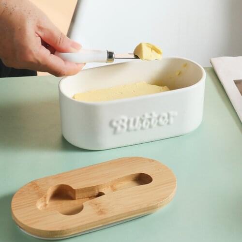 Nordic Ceramic Butter Sealing Box with Wooden Lid Knife Silicone Seal Non-slip Bottom Container Kitchen Cheese Storage Tray