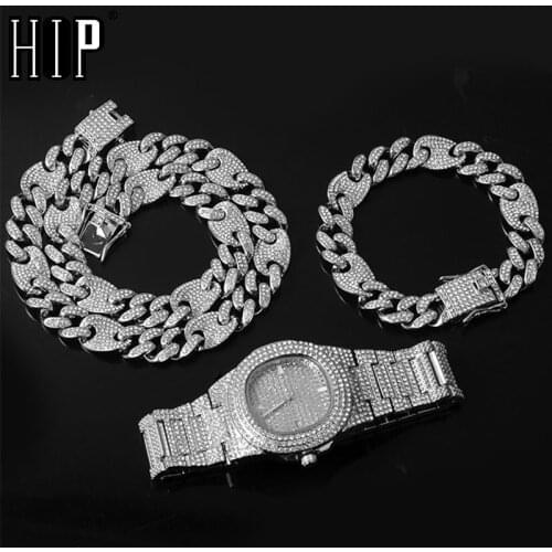 Hip Hop Necklace +Watch+Bracelet AAA+ Iced Out Alloy Rhinestones Coffee Bean Miami Cuban Link Chain Necklace For Men Jewelry