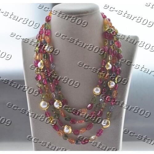 Z11382 4Row 20" 15mm Multicolor Tourmaline gold-plating White Pearl Necklace