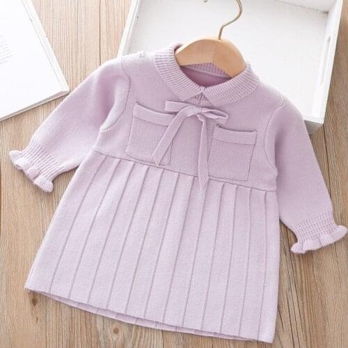 Baby girl bow dress wholesale 2021 fall girls bow knitted long sleeve princess dresses
