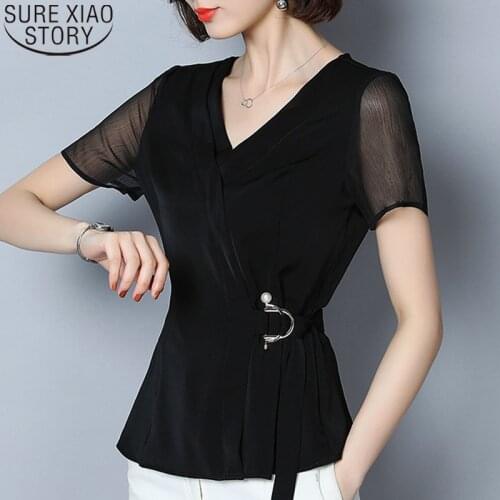 Plus Size Women Ladies Tops summer Women Blouse And Tops 2021 Black Shirts Blouses Sequined Chiffon Blouse Solid V-Neck 2882