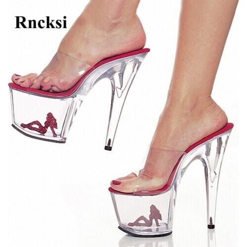 Rncksi New Sexy Women Pole Dance 17cm High-Heeled Clear Platform Shoes Slippers Shoes Night Club Wedding Party Dress Slippers