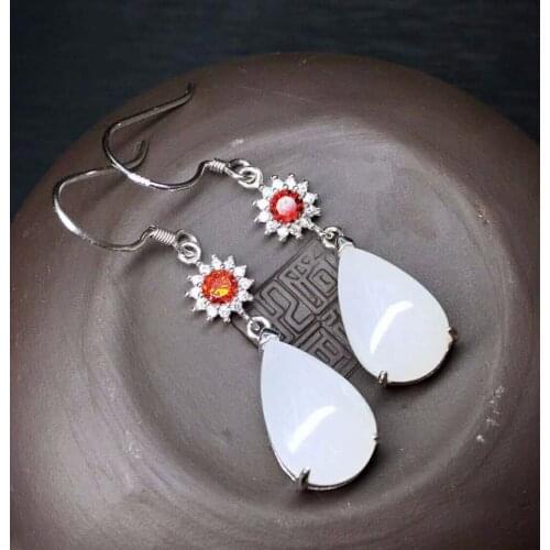 Hetian Baiyu Silver Inlay Earrings Qinghai Water Drop Earrings h29