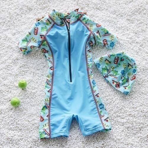 New Cartoon Boys One Pieces Swimsuit With Cap Sunproof Children Swimwear Surfing Clothing Kids Bathing Suits Boy Swim Beach Wear