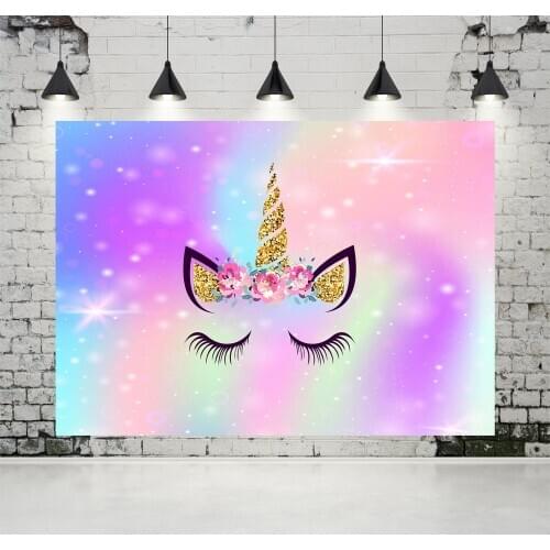 VinylBDS Unicorn Face Flowers Birthday Photography Backdrops Glitter Baby Shower Photo Studio Background for Children Party Prop