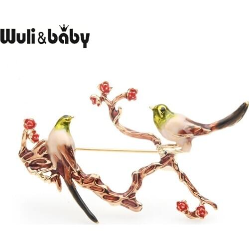 Wuli&baby Couple Birds On the Tree Brooches Women Enamel Animal Flowers Weddings Brooch Pins Gifts