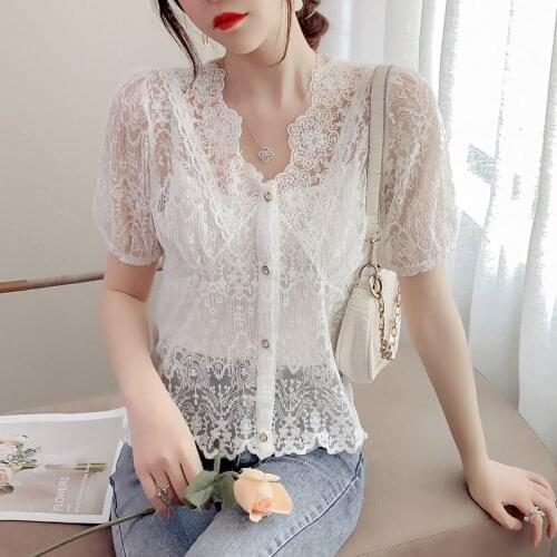 Sexy Blouse 2021 Summer New Lace Womens Short-sleeve Shirt Fashion Korean Style V-neck Commuter Temperament Cardigan 14069