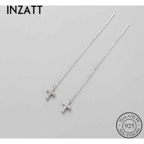 INZATT Exquisite ZIrcon Cross Leaf Dangle Drop Earrings Charm 925 Sterling Silver Fine Jewelry Long Tassel Metal Chain For Women