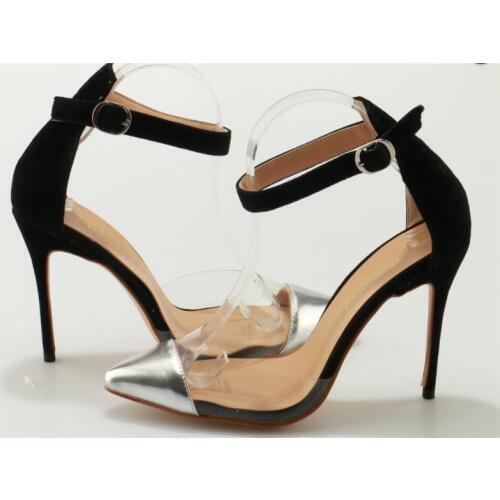 Women Classical Design Silver Pointed Toe Transparent Pumps Ankle Buckle Design 12cm High Heels Formal Dress Shoes
