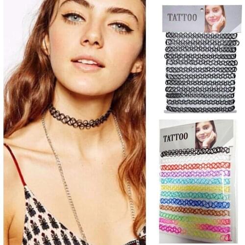 12pcs/pack Mixed Color Tattoo Rainbow Chokers Necklace Vintage Girls Stretch Gothic Charm Punk Elastic Collares Womens Jewelry