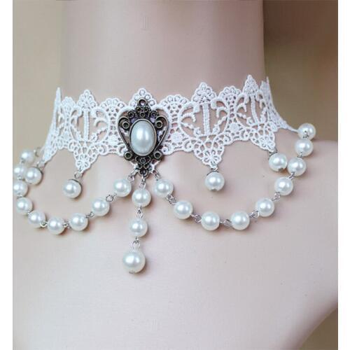 Women Necklace Simulated Pearl Charm Statement Clavicle Chokers White Lace Necklaces Bride Accessories Tassel Adjustable Chains