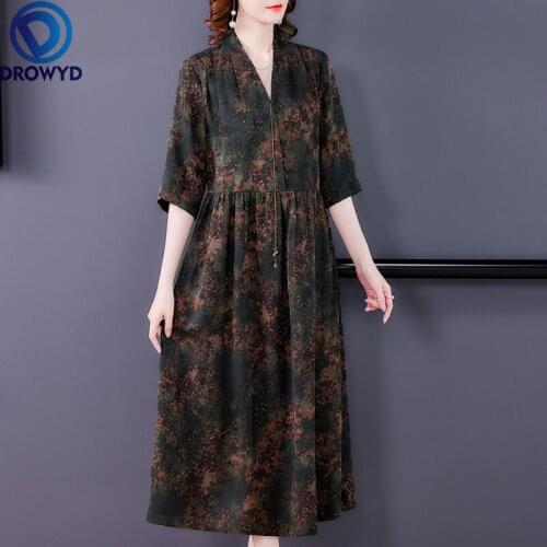 Women Boho Maxi Dress Summer 2021 Casual Three Quarter Sleeve Print Patchwork Silk High Waist V-Neck Dresses Robe Party Vestidos