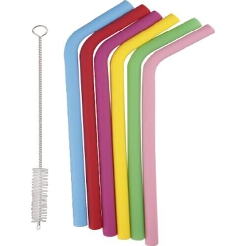 100sets/lot 6pcs 230*10mm Silicone Drinking Straw Bend Reusable Straws +1pcs cleaner brush