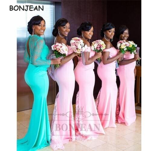 2021 Coral Bridesmaid Dresses Mermaid Off-The-Shoulder Elastic Satin South African Lace Up Black Girls Bridesmaid Dress