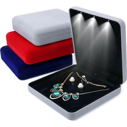 Velvet LED Light Jewelry Set Box Necklace Earrings Ring Jewellery Gift Display Storage Case with Custom Logo