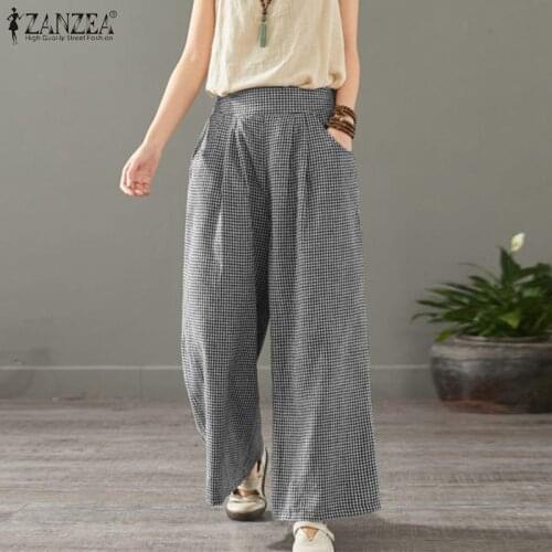 ZANZEA 2021 Spring Wide Leg Pants Women Check Trousers Casual Elastic Waist Long Pantalon Palazzo Female Plaid Turnip Oversized