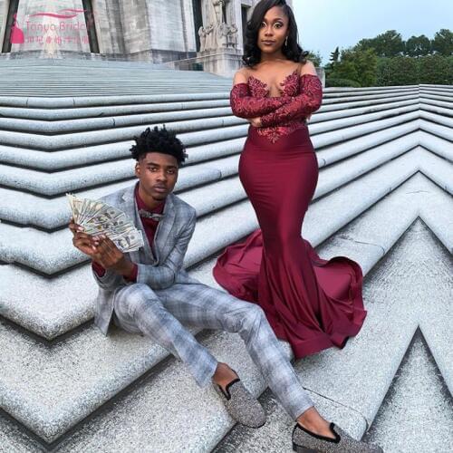 Black Girls Satin Mermaid Floor-length Prom Dresses 2019 Sheer Long Lace Applique Sweep Train Evening Gowns W077