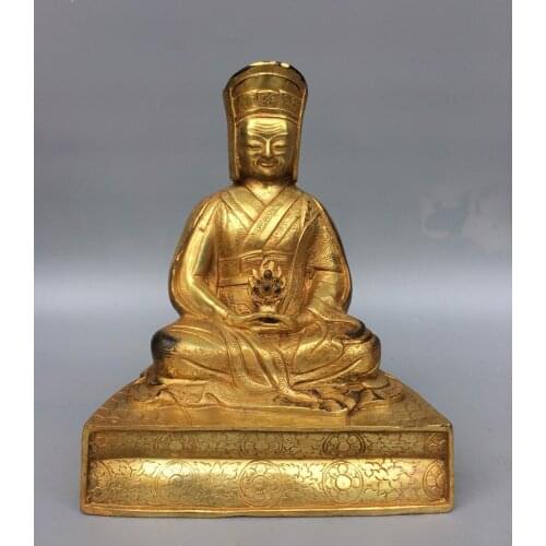 Home Decor 8" Tibet Buddhism Temple Old Bronze Gilt Living Buddha Statue Buddhist monk Amitabha statue