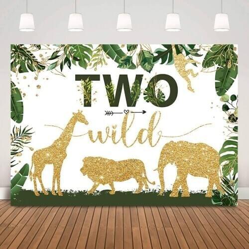 Two Wild Birthday Backdrop Golden Animals Jungle Safari Party Background Decoration Green Leaves Forest Newborn Baby Photo Shoot