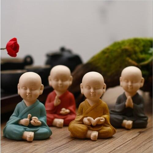 Ceramic little monk statue Purple sand painted handmade sculpture Cute home decoration figurines Kung Fu tea set ornaments