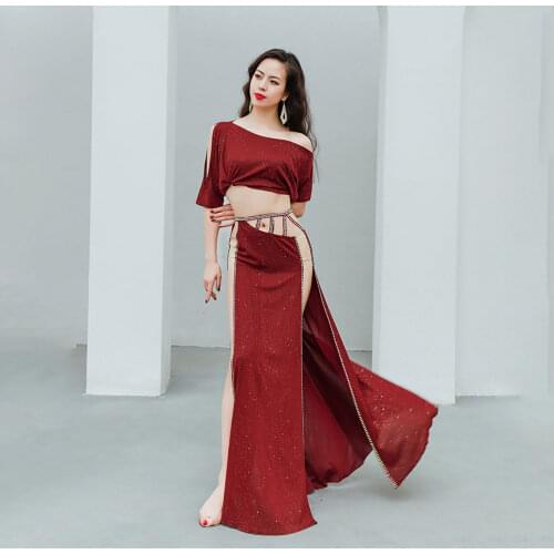 Belly Dance Costume,Half sleeve Top, Slit Skirt, Workout Clothes, Elegant Women Shirt, Professional Performance Clothing Set