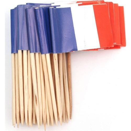 Lot of 50 Pcs Mini Wooden Toothpick with Flag for Decor of Party Fruit Pastry - France (Blue, White, Red)
