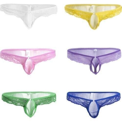 Mens G-String Briefs Bikini Underwear Semi See-Through Lace Mesh Panties Gay Porno Open Penis Hole Knickers Sexy Sissy Lingerie