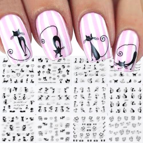 4/12 pc Cute Cat Butterfly Nail Art Stickers Decals Mix Black Sliver 3D Adhesive Sliders DIY Manicure Decoration LAJH025-036-1