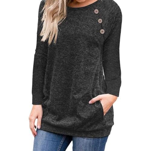 New Basic Women T Shirt Autumn T-Shirt O-Neck Long Sleeve Top Casual Buttons Pockets Bottoming Tee Shirt Plus Size