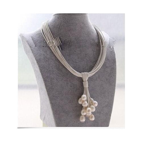 Choker 17" 15row 14mm white pearls white/black leather Pendant necklace