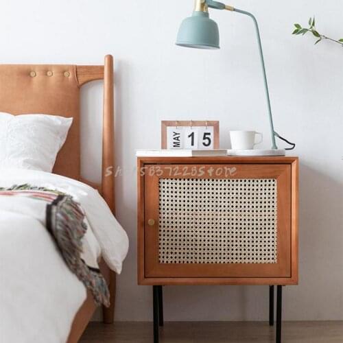 Simple Modern Solid Wood Bedside Table Small Family Nordic Rattan Creative Sofa Side Cabinet Japanese Bedroom Storage Cabinet