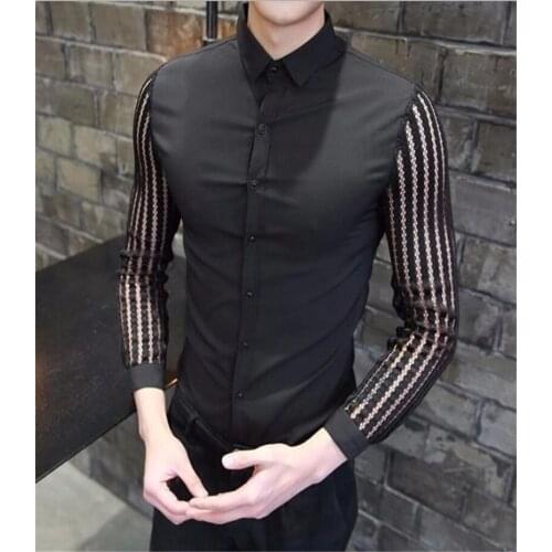New mens shirts pierced lace stitching long sleeve shirt mens high quality street casual slim dress tuxedo
