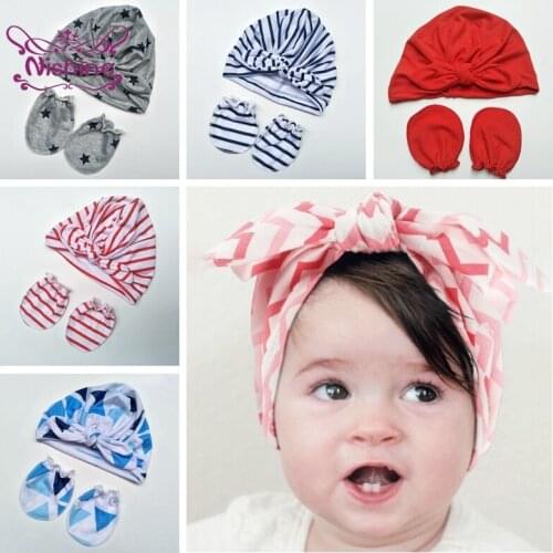 Nishine Newborn Soft Comfortable Polyester Cotton Hat and Glove Set Cute Bunny Ears Baby Caps Kids Anti-Grab Face Protect Mitten