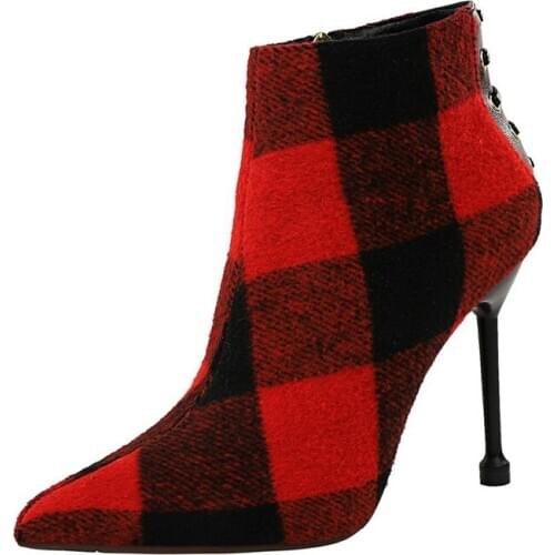 UMMEWALO Ankle Length Flock Boots Women Fashion Pointed Toe Thin Heels High Heel Shoes Winter Ankle Boots Ladies Shoes 663-3