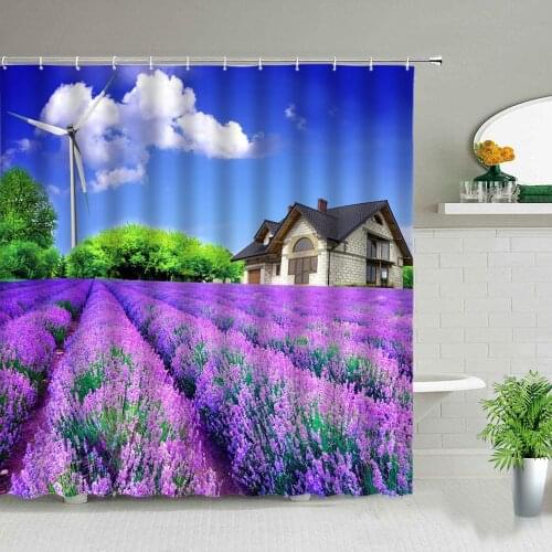 Purple Lavender Garden Flower Landscape Shower Curtains Bathroom Home Decor Bath Curtain Set Waterproof Cloth Bathtub Screen