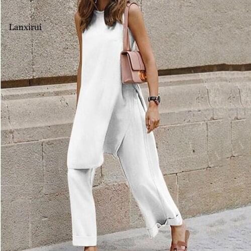Office Ladies Solid Two Piece Sets Women Elegant O Neck Blouse Top And Loose Long Pants Suit 2021 Summer Casual Sleeveless Sets