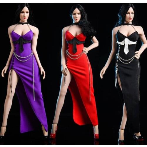 1/6 scale Female soldier clothes red Party sexy Sling Deep V Black dress with Chain for 12 inches soldier Figure Body DIY dolls