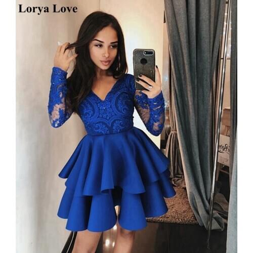 Royal Blue Cocktail Dresses 2020 Party Night Short Prom Dresses Homecoming Vestidos De Gala Women Long Sleeves Graduation Gowns