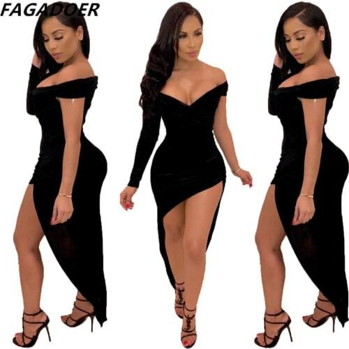 FAGADOER Women Dress Party Black Off Shoulder Long Dresses Irregular Elegant Ruched Thigh Slit Bodycon Vestidos Fashion Clothing