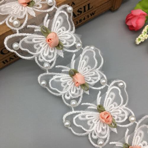 1 Yard 3D Butterfly Flowers Pearl Beaded Lace Trim Ribbon Embroidered Wedding Dress Hat Sewing Accessories for Clothes 7x4cm