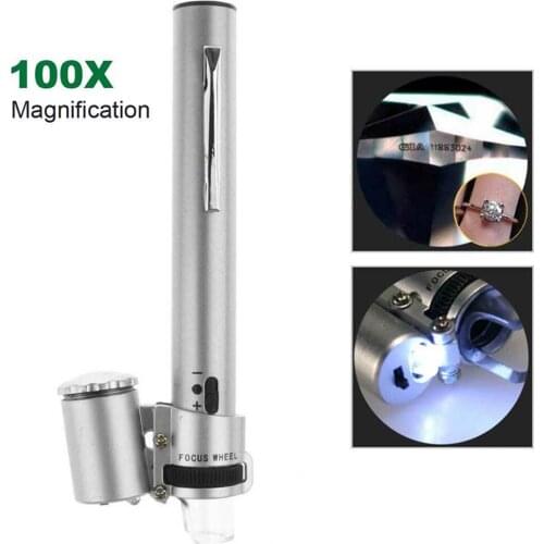 100x Led Portable Loupe Mini Adjustable Focal Pocket Microscope Loupe Magnifier Jewelry Multifunction With Light Handheld Tool