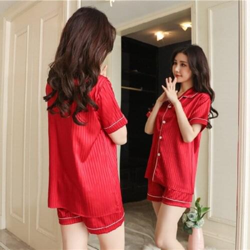 202# Jacquard Solid Color Imitated Silk Pajamas Womens Summer Short-sleeved Cardigan Fold-down Collar Piece Tracksuit-Outer Wea