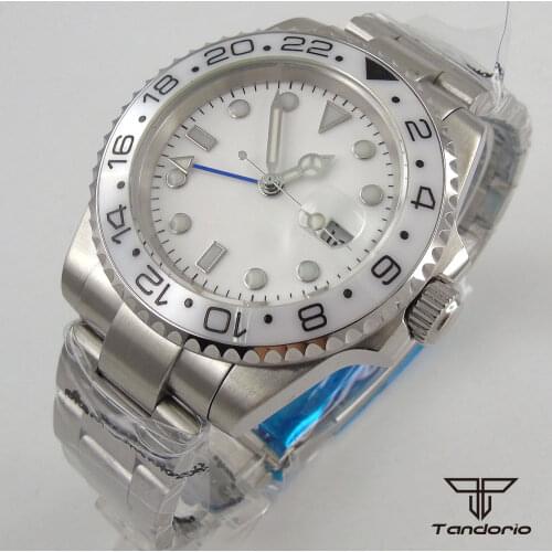40mm Automatic Mens Watch GMT Function White Dial Sapphire Date Bezel Insert Strap Screw In Crown