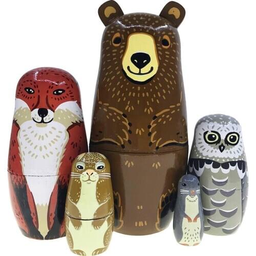 5Pcs/Set Cute Bear Fox Animal Wooden Russian Matryoshka Dolls Nesting Figurines Kids Toy